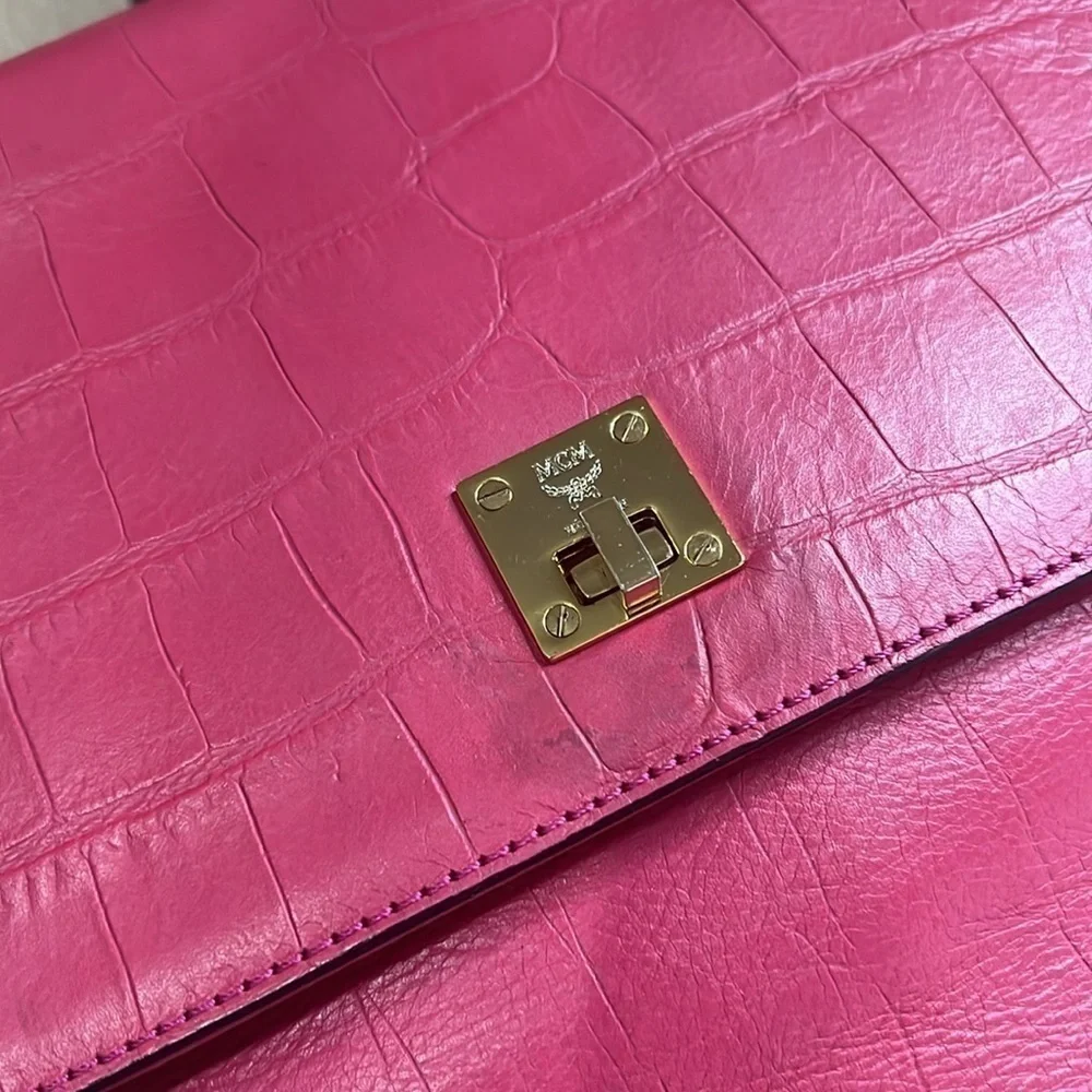 MCM Pink Croc Embossed Top Handle Satchel Bag